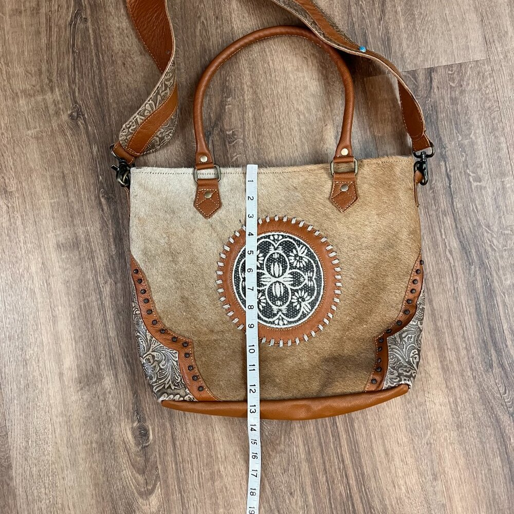 Myra Bag Brown Cow Hide Leather Turquoise Boho Western Large Crossbody Tote - Picture 10 of 14